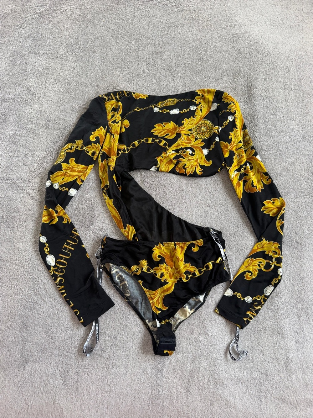 Versace Jeans Couture Black & Gold Baroque One-Shoulder Bodysuit Top Size S